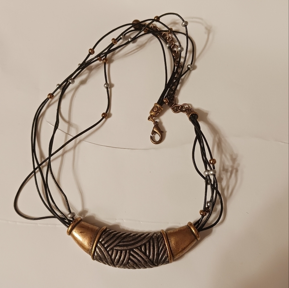Chicos Signed Necklace Silver & Gold Slide Pendant on Black Multi-Cord Strand